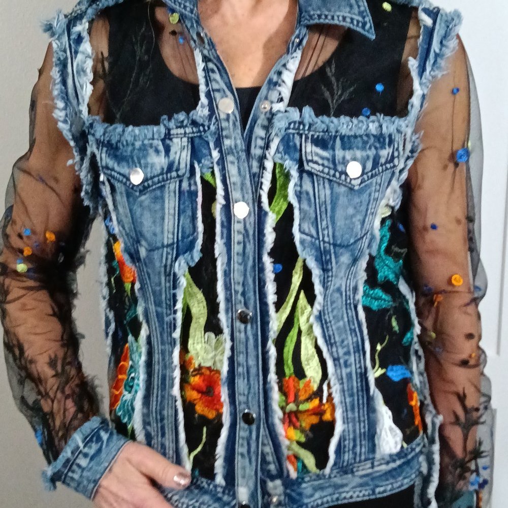 ADORE denim jackets detailed with sheer black embroidered panels and sleeves